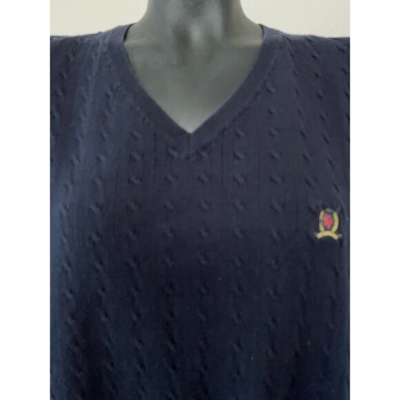 VTG Tommy Hilfiger Sweater Vest Sz L Navy Blue Cable Knit Cotton Preppy 90s - Picture 3 of 4